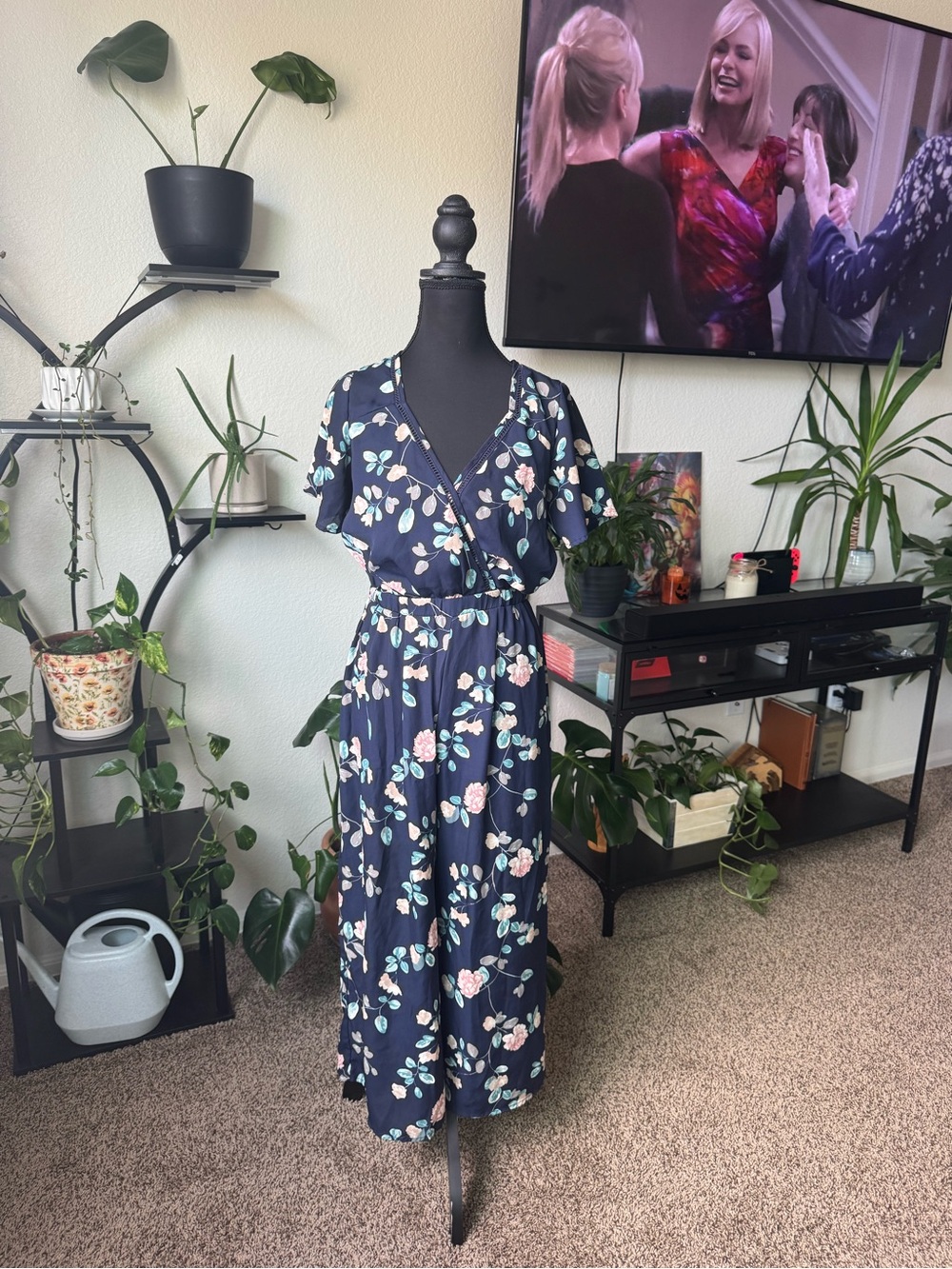 Floral Wrap Midi Dress - Navy with Pink & Cream Flowers